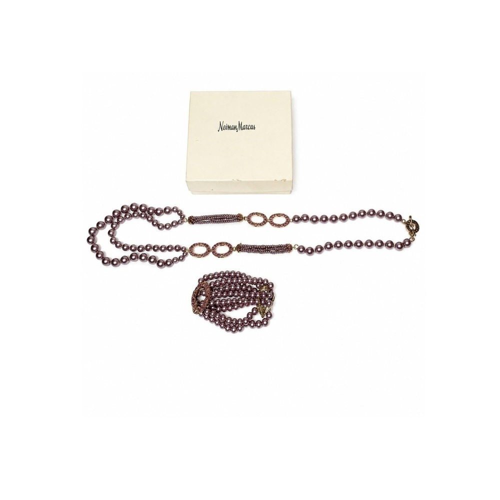 Vintage Monet Beaded Rhinestone Necklace Bracelet Set Pink Mauve Gold Tone Jewel